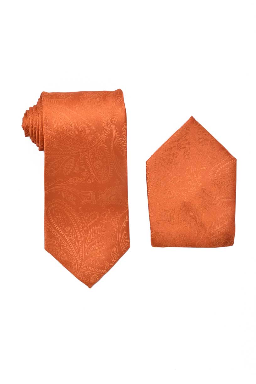 Premium Paisley Orange Necktie with Pocket Square Set