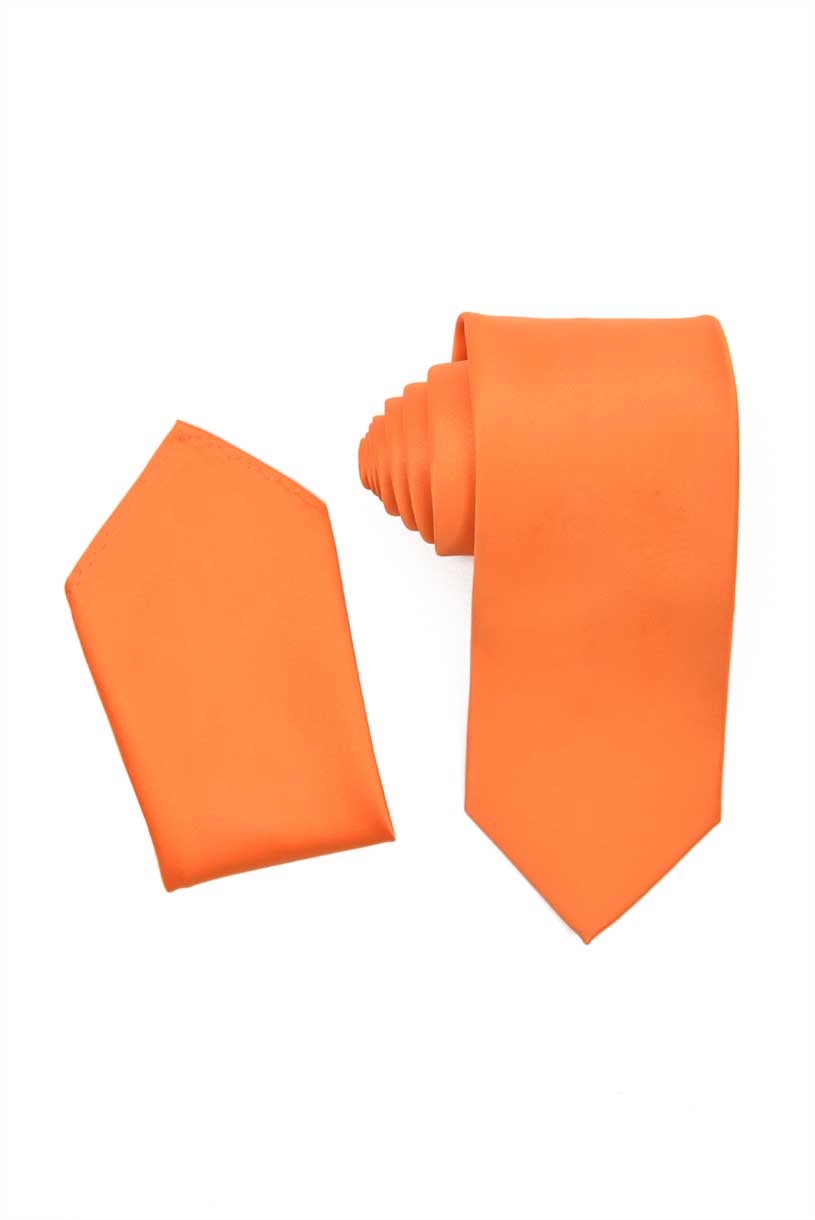 Orange Necktie with Matching Pocket Square Set For Suits