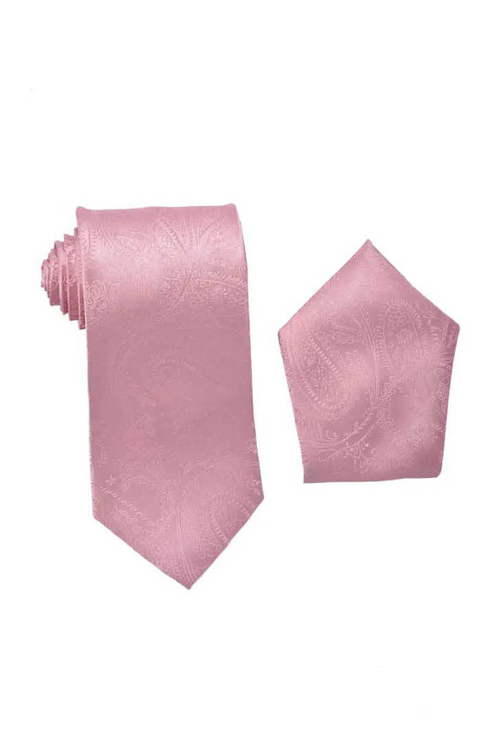 Paisley Dusty Pink-Blush Pink Necktie with Matching Pocket Square Set