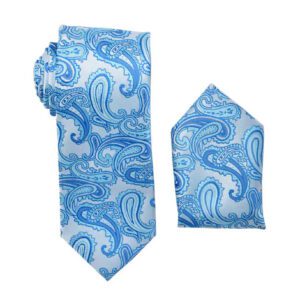 Paisley Blue with Silver Necktie with Pocket Square Set