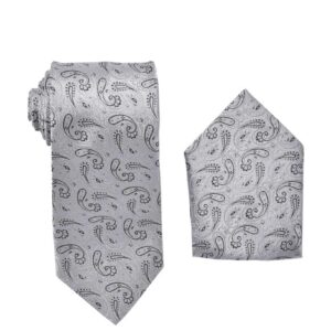 Premium Paisley Silver with Black Necktie with Square Set