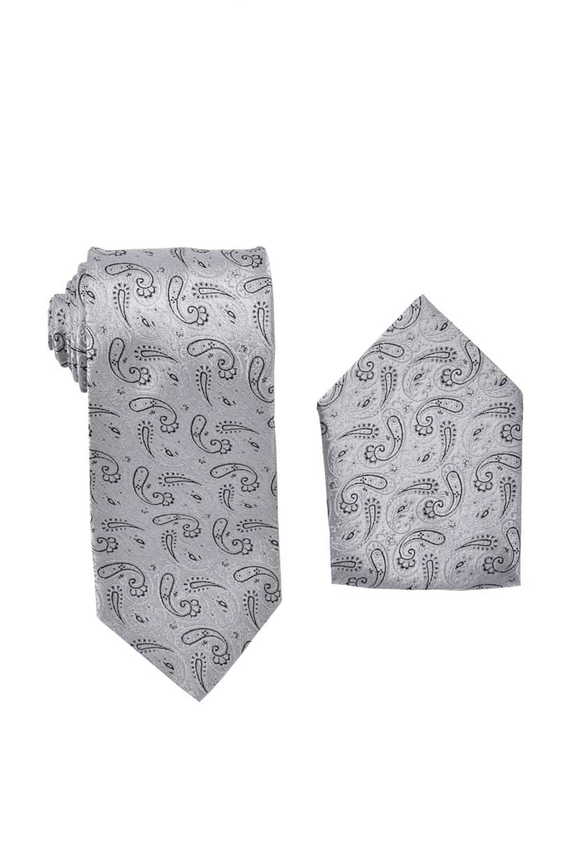 Premium Paisley Silver with Black Necktie with Square Set