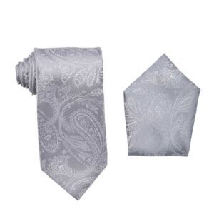 Premium Paisley Light Gray Silver Necktie with Pocket Square Set