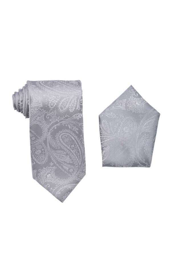 Premium Paisley Light Gray Silver Necktie with Pocket Square Set