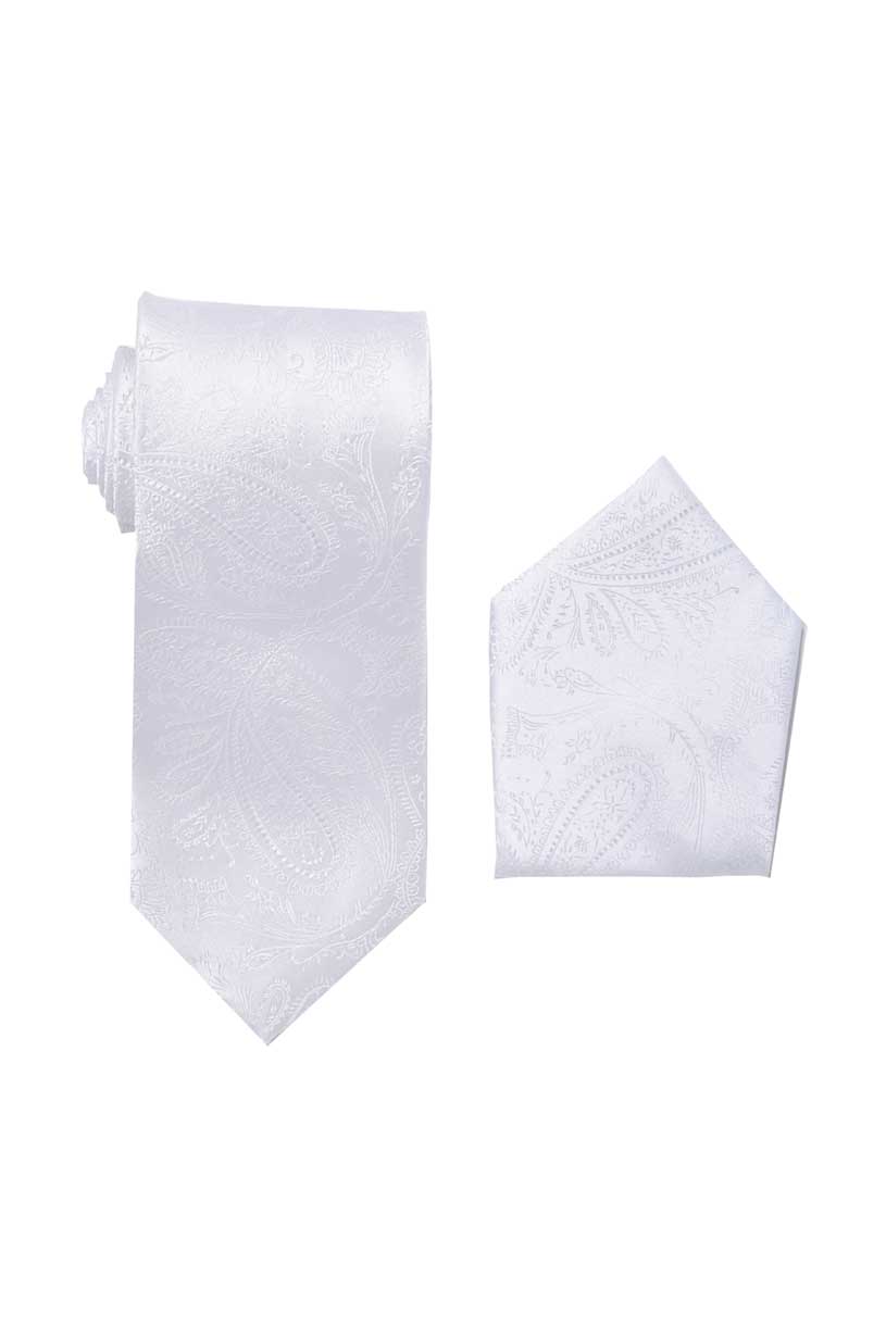 Premium Paisley White Necktie with Matching Pocket Square