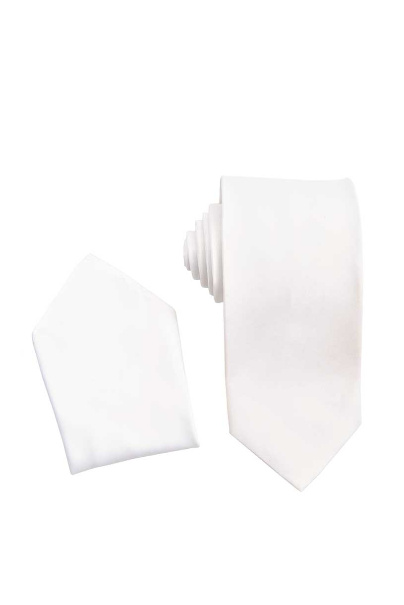 White Necktie with Matching Pocket Square Set For Suits