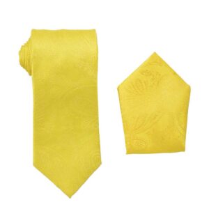 Paisley Canary Yellow Necktie with Matching Pocket Square Set