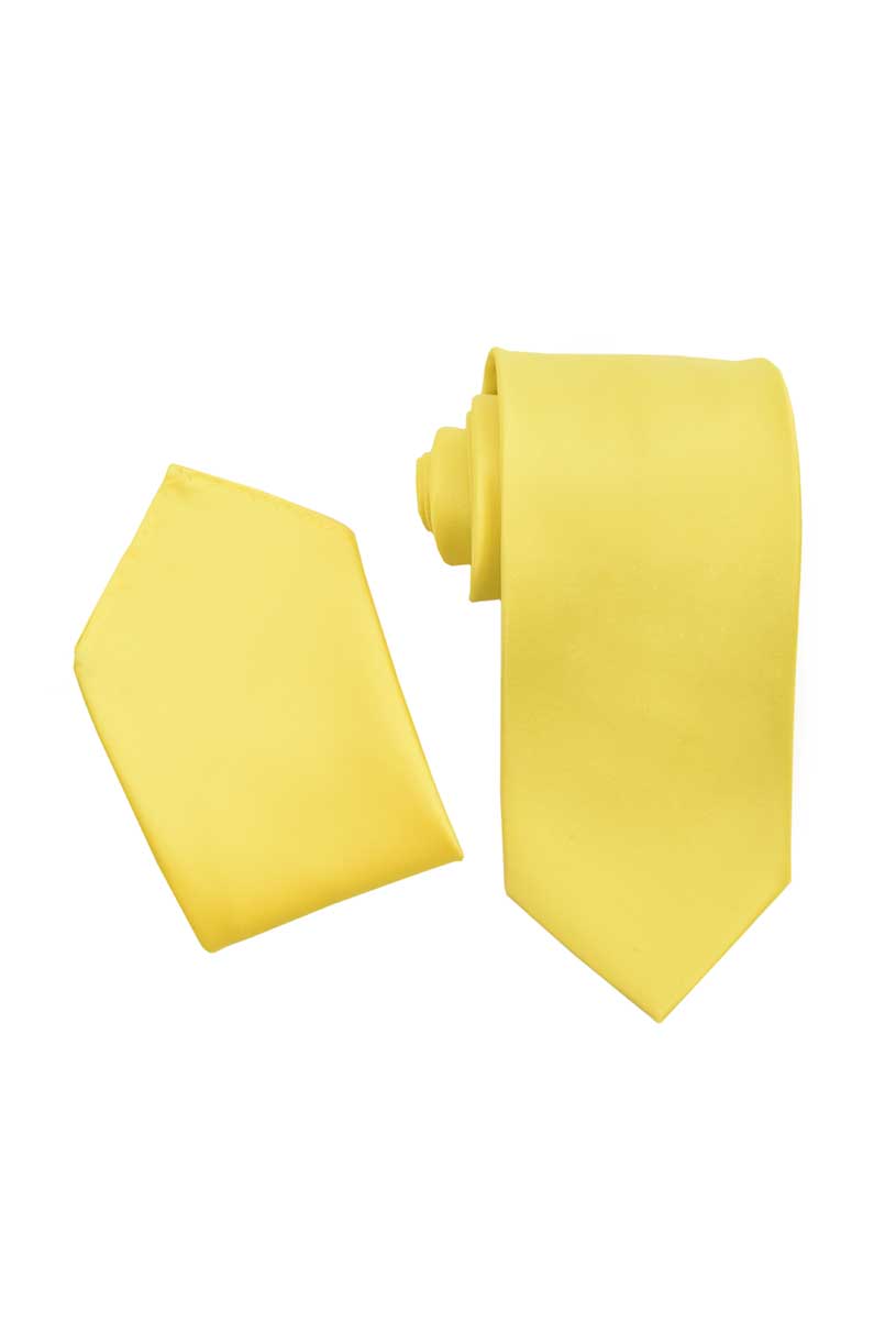 Premium Canary Yellow Necktie with Pocket Square Set For Suits