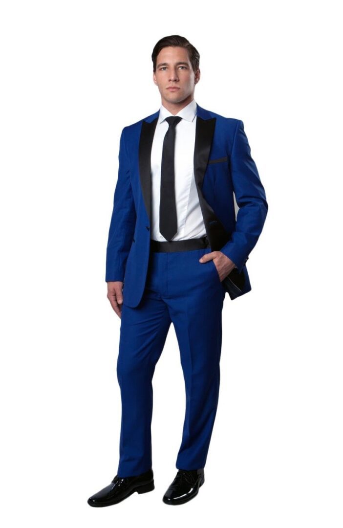 Men's Premium Slim Fit Royal Blue with Black Peak Lapel Tuxedo