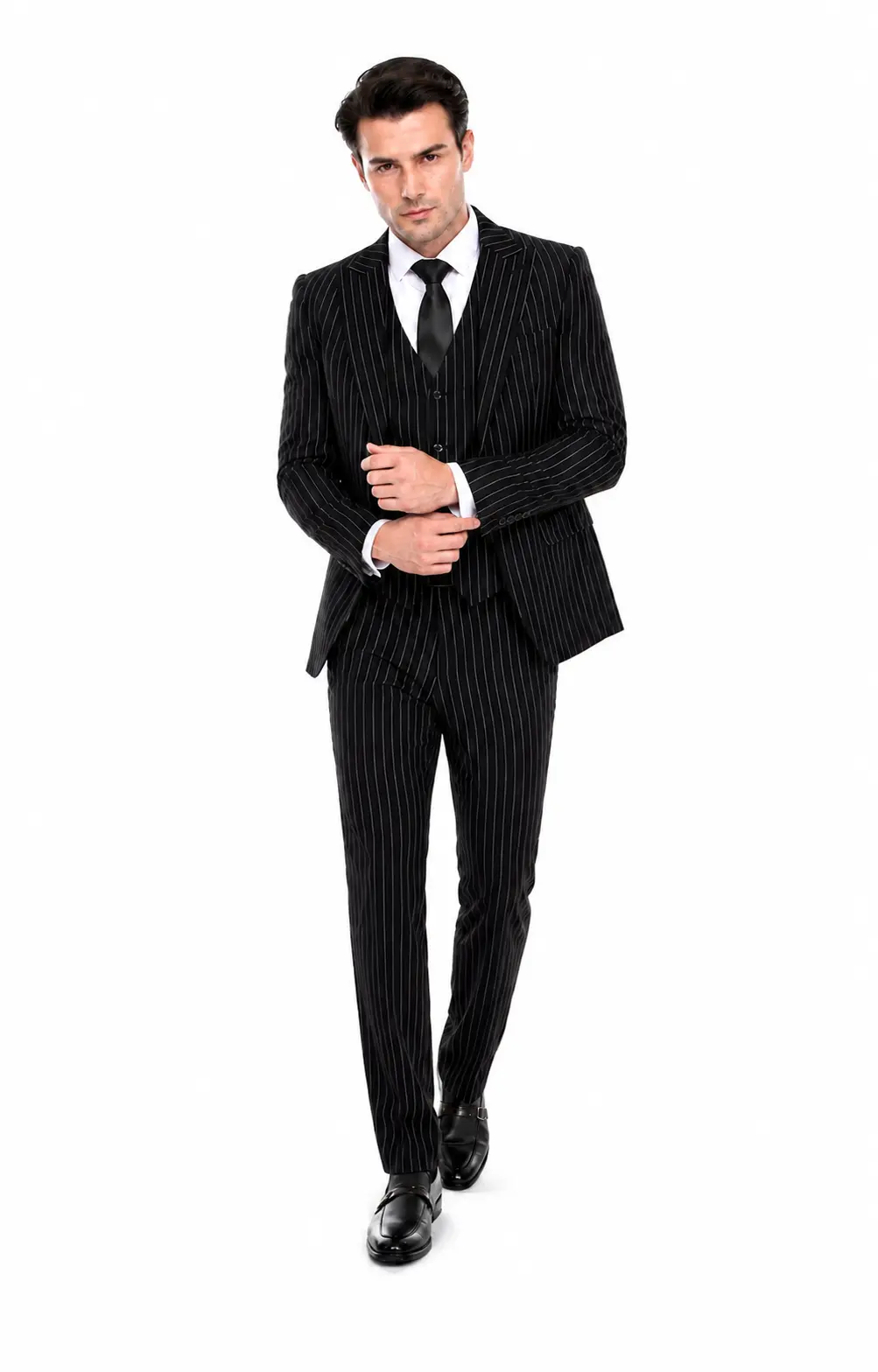 Men's black pinstripe three-piece Gomez Addams-inspired costume suit