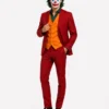 mens joker costume burgundy red 4 piece suit main Men's burgundy red Joker-inspired four-piece Halloween suit with green shirt