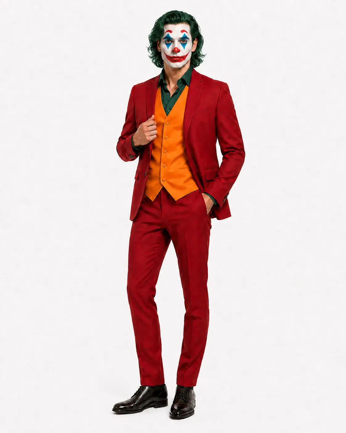 Men's burgundy red Joker-inspired four-piece Halloween suit with green shirt