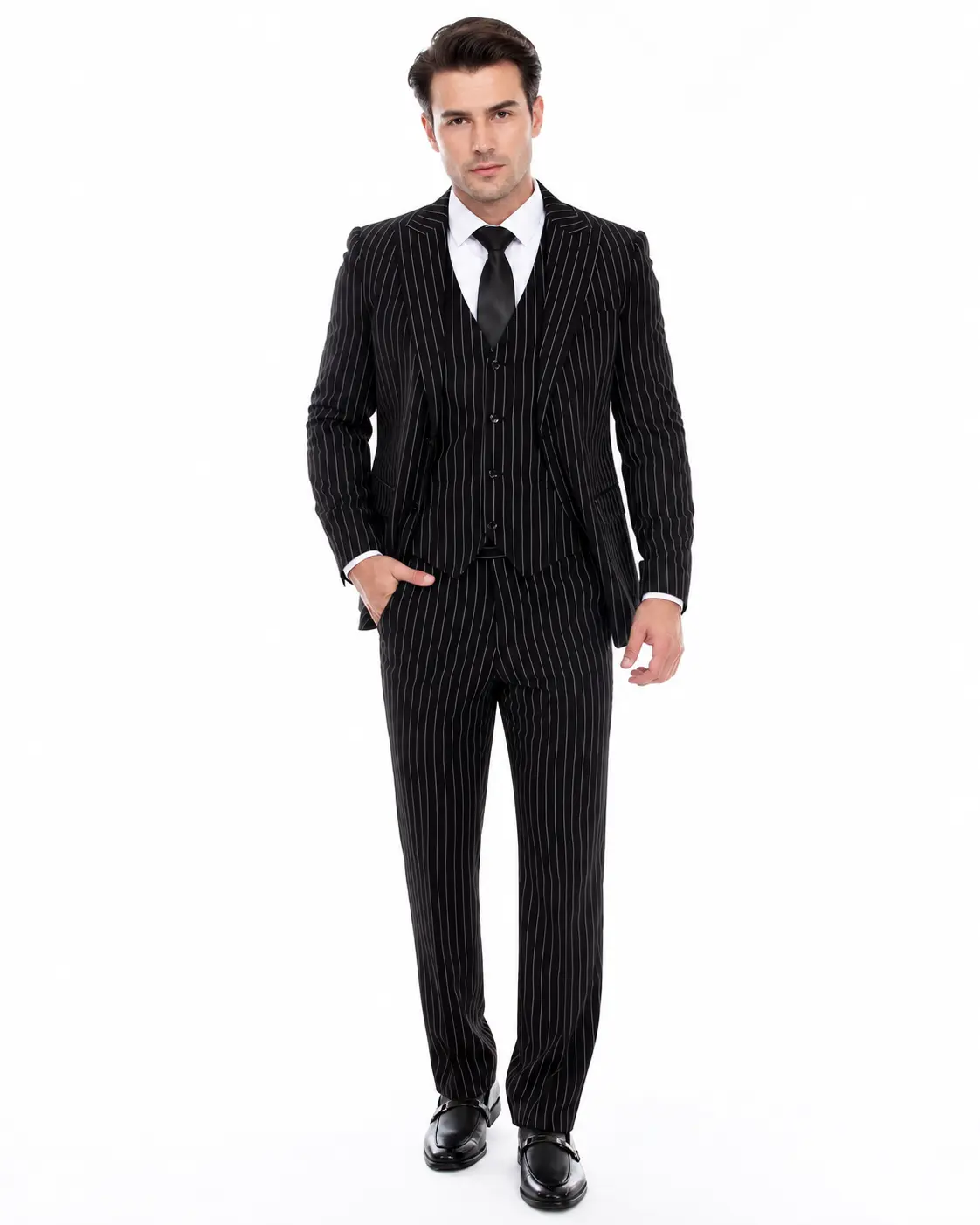 Men's black pinstripe three-piece Slim Fit suit front view