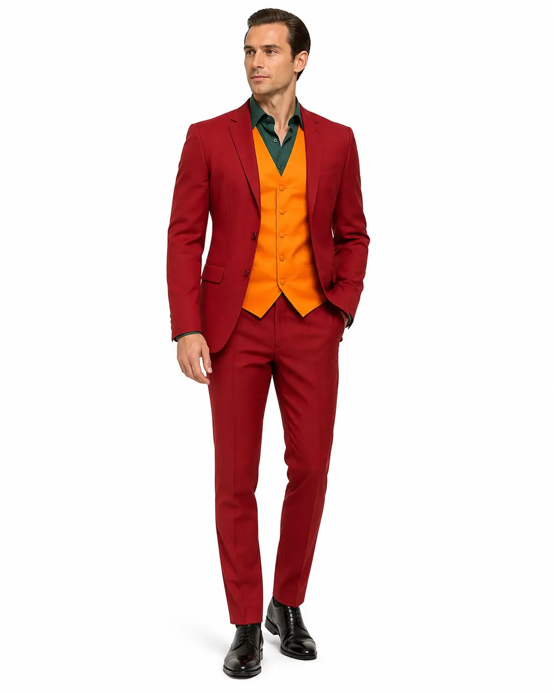 mens joker costume burgundy red suit front Men's burgundy red four-piece Joker-inspired suit front view