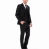 Men's black pinstripe three-piece suit three-quarter view