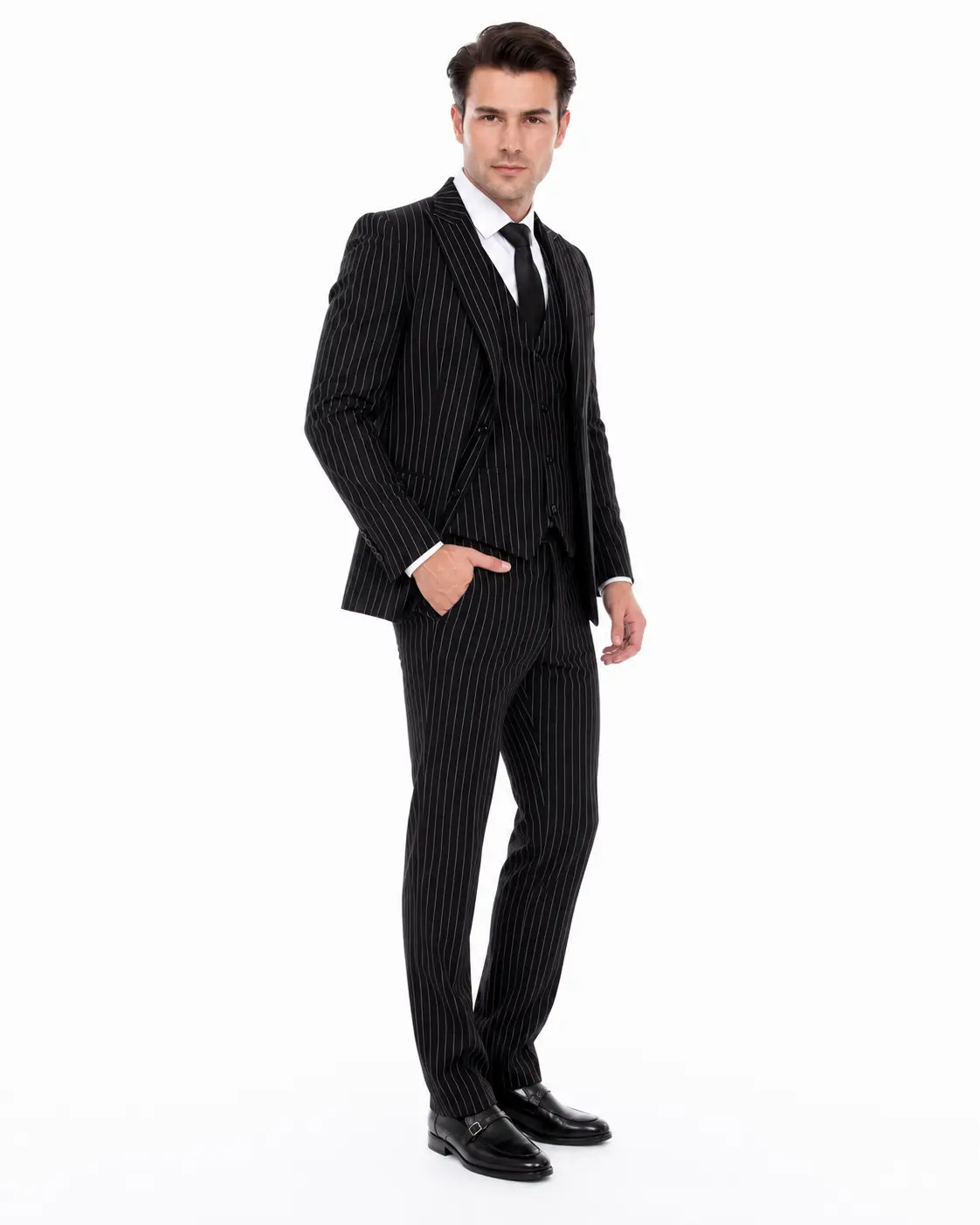 Men's black pinstripe three-piece suit three-quarter view