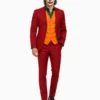 mens joker costume makeup front Men's Joker-inspired burgundy red Halloween suit straight-on view