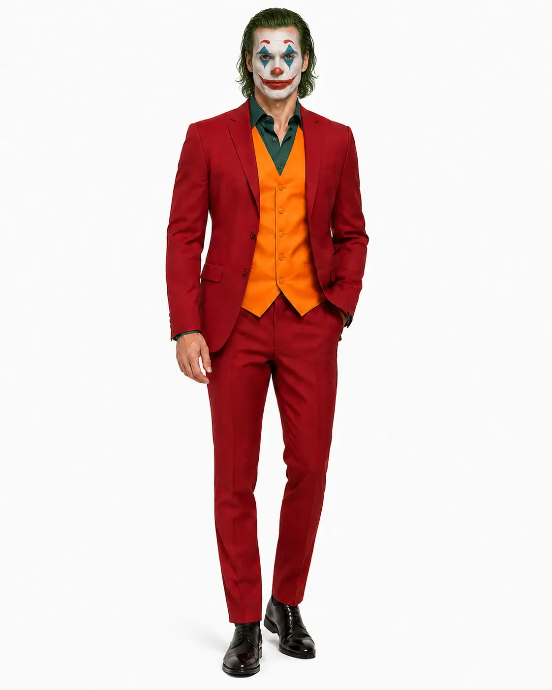 mens joker costume makeup front Men's Joker-inspired burgundy red Halloween suit straight-on view