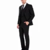 Men's black pinstripe three-piece suit opposite angle