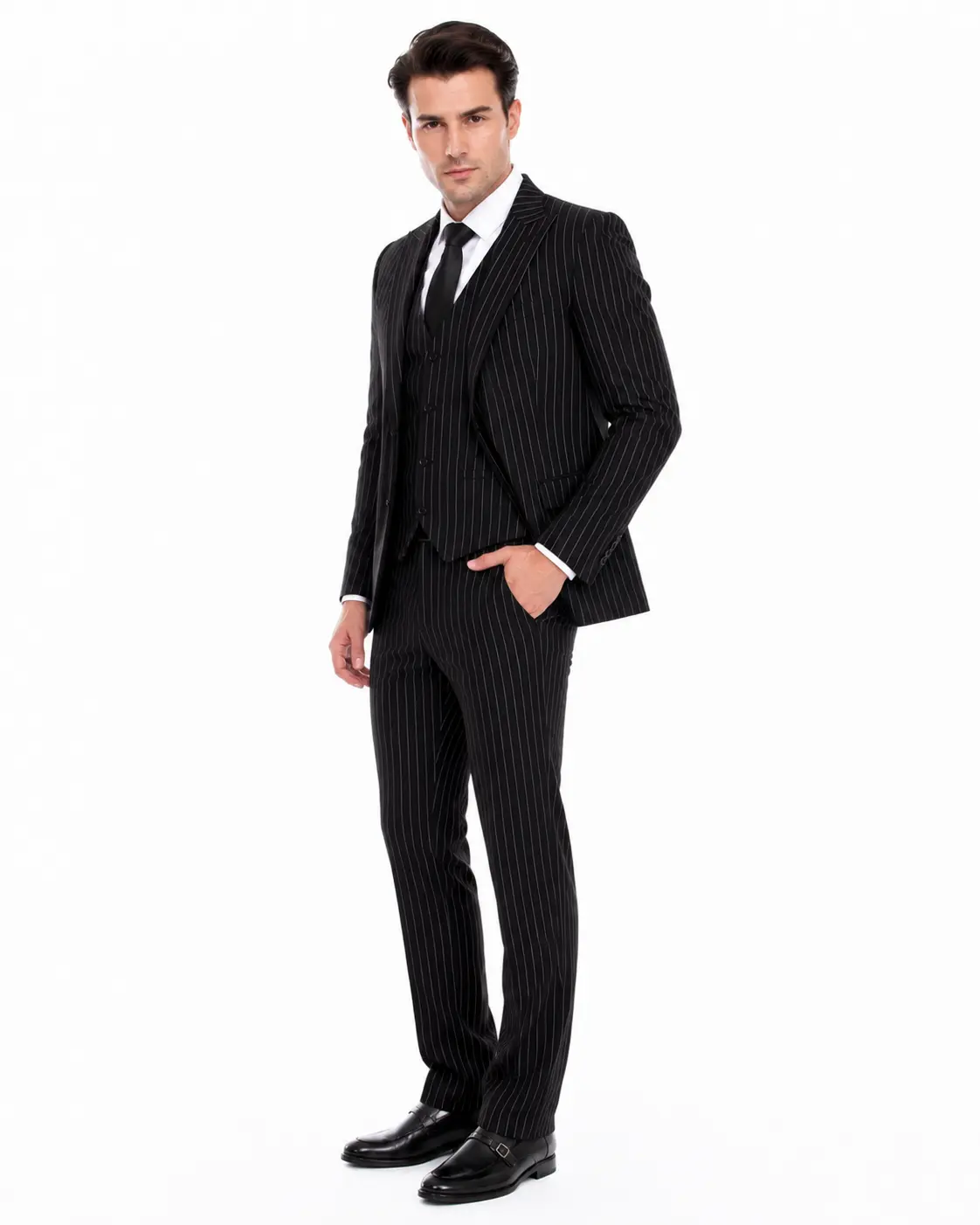 Men's black pinstripe three-piece suit opposite angle