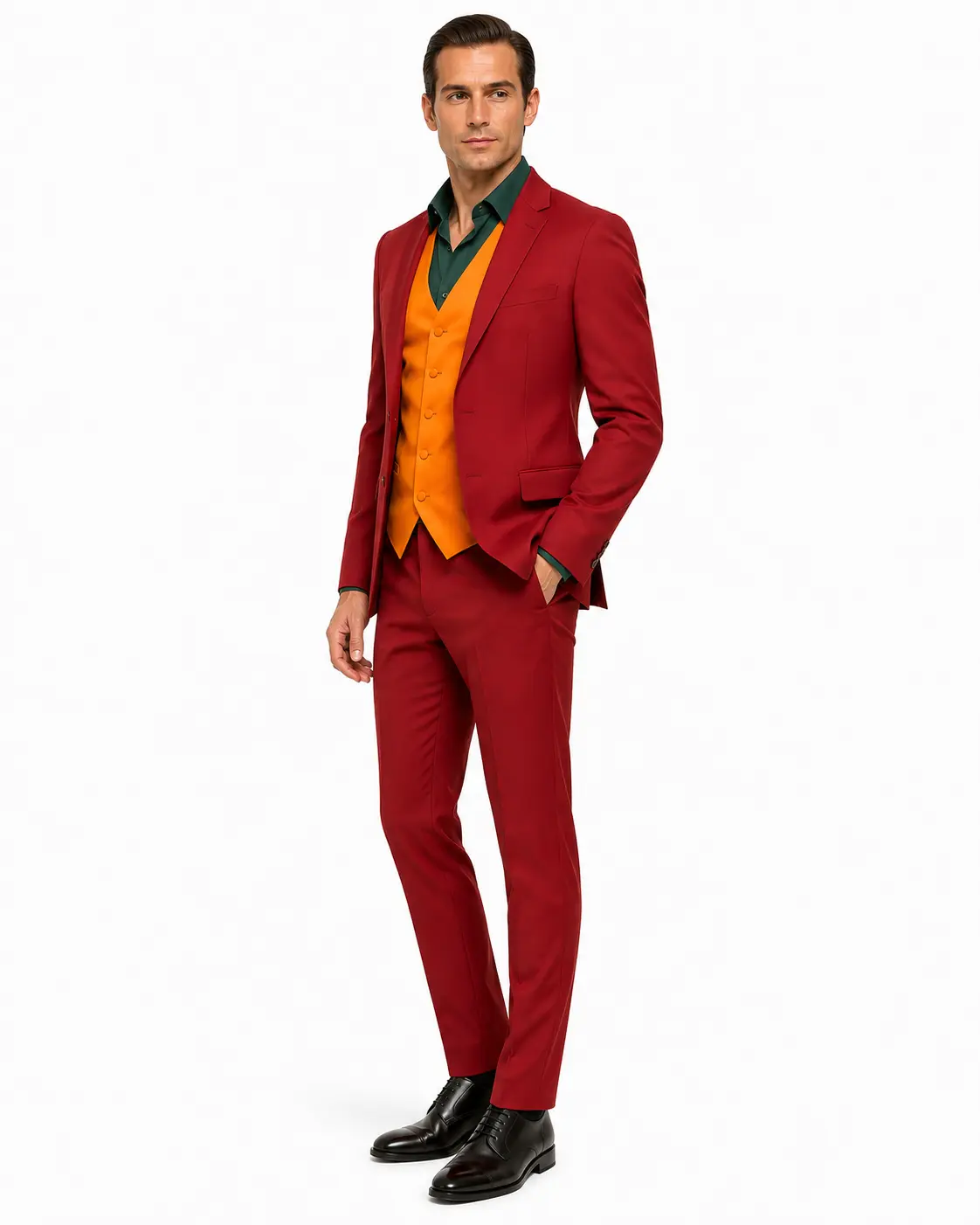 mens joker costume clean three quarter Men's burgundy red four-piece suit three-quarter view