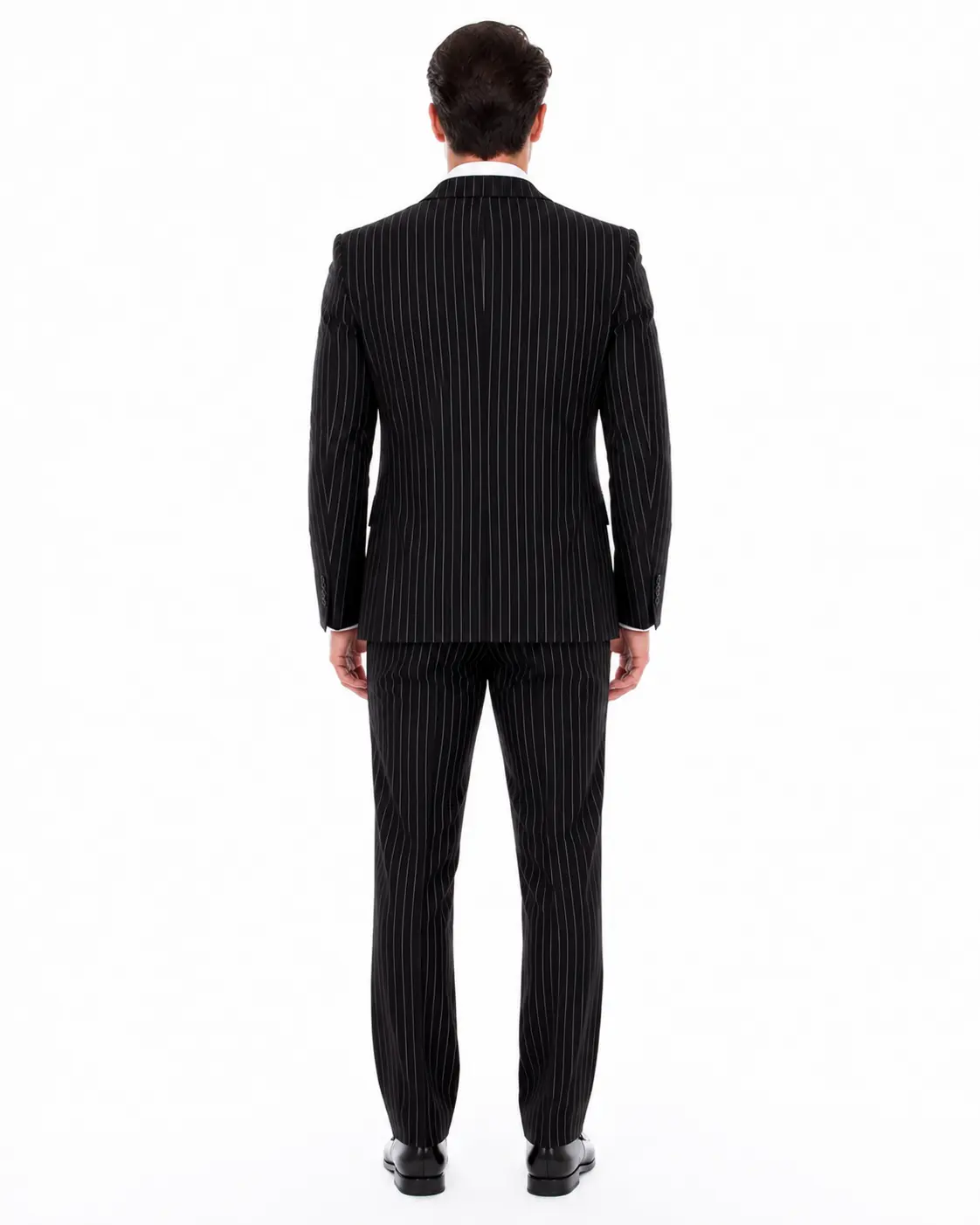 Men's black pinstripe three-piece suit back view