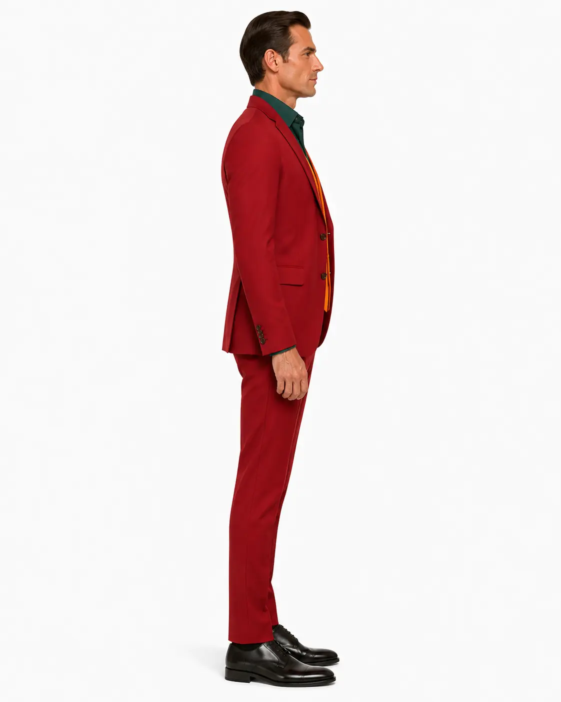 mens joker costume side view one Men's burgundy red Joker-inspired suit side view