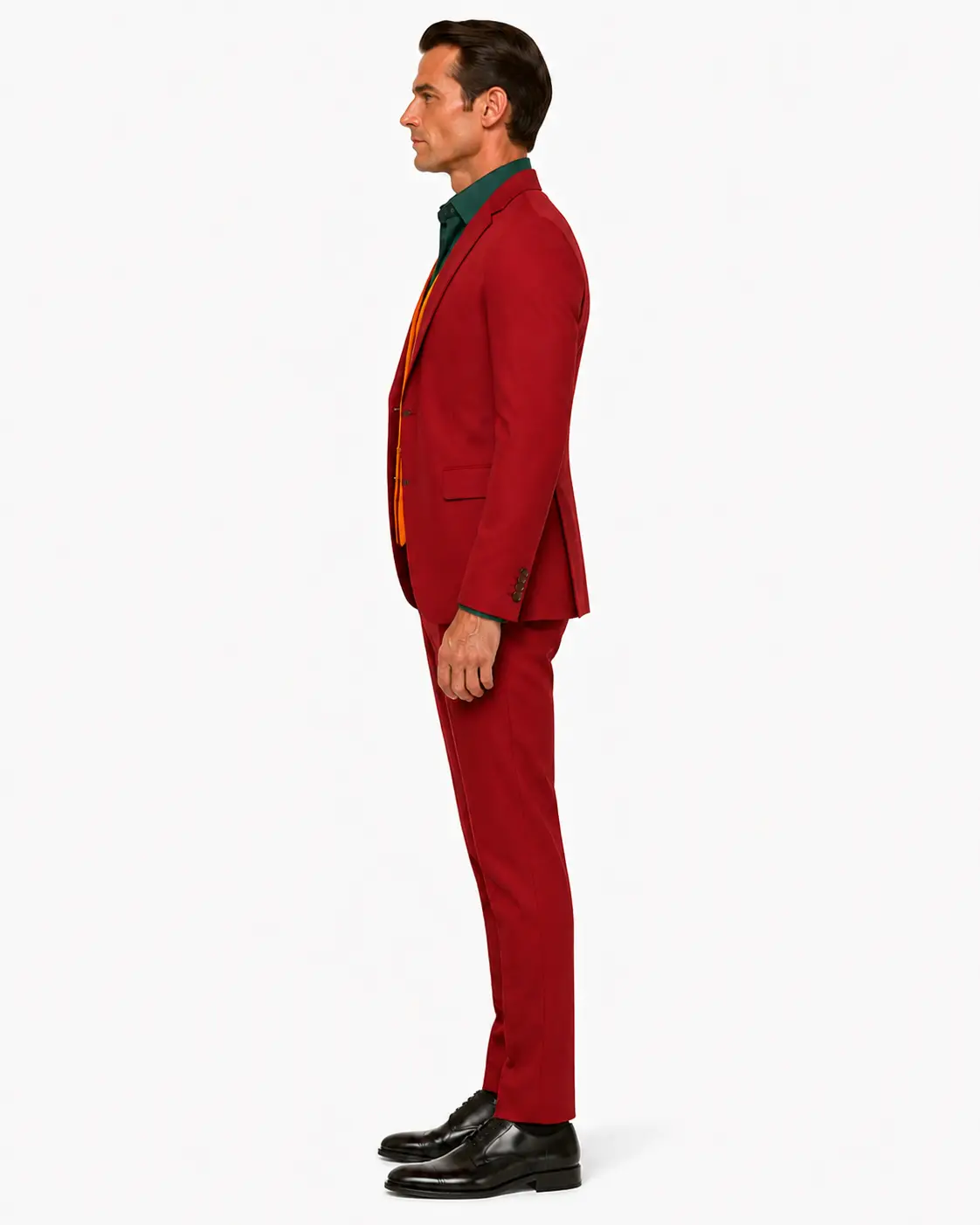 mens joker costume side view two Men's burgundy red Joker-inspired suit opposite side view
